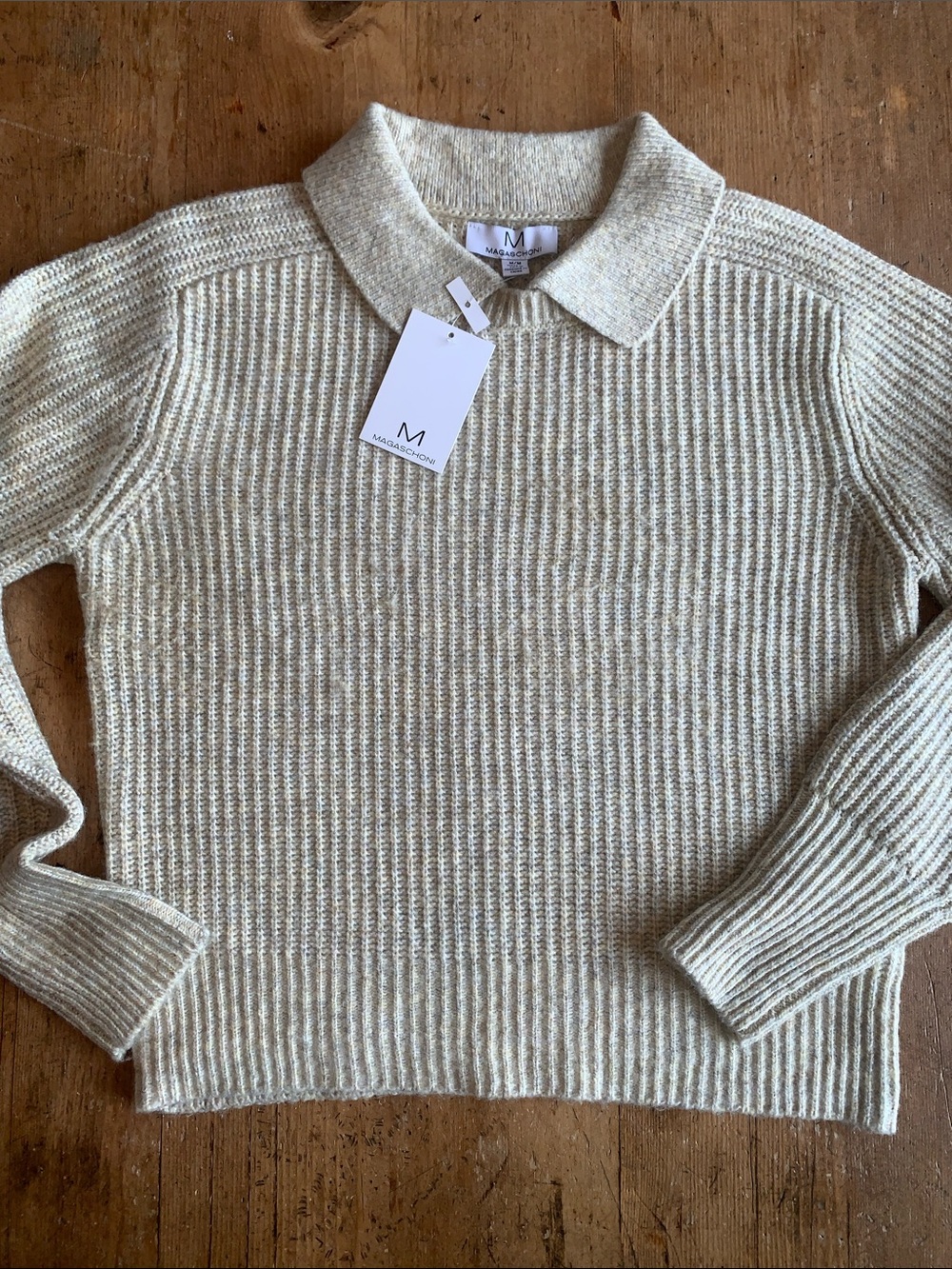Magaschoni Cream Ribbed Polo Collar Sweater